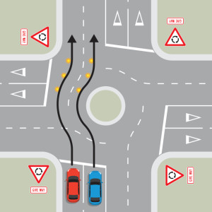चक्कर (राउंडअबाउट) पर रास्ता देना — New Zealand Road Code illustration