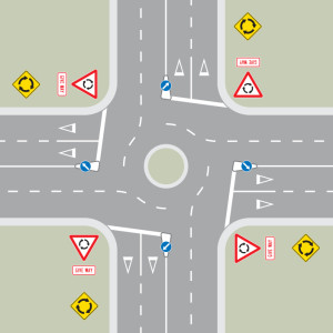 चक्कर (राउंडअबाउट) पर रास्ता देना — New Zealand Road Code illustration