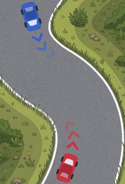 車線のない道路のカーブでは左側を走行する。