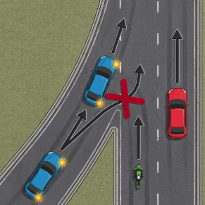 オンランプ車線の中央から高速道路に入る。