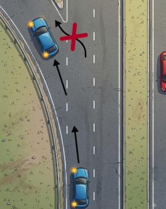 オフランプ車線の中央から出る。出口を逃しても急ハンドルを切らない。