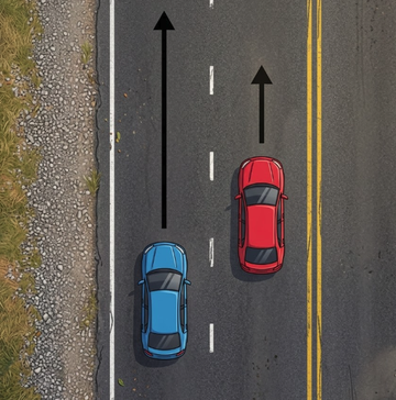 Two vehicles travelling in the same direction.