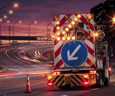 Mobile roadworks / lane closure — follow the arrow to merge.